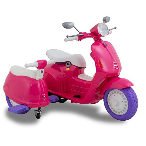 Indalchess Vespa Style 12V con PEQUEÑO Sidecar para NIÑOS, Rosa-Pink - VESKIPINK