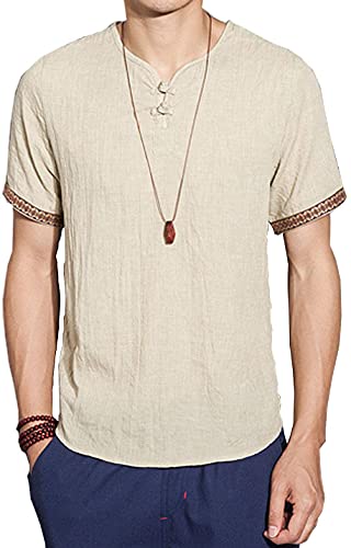 Liuhong Camiseta de Verano para Hombre de Manga Corta Retro Cuello en V algodón Lino Hippie Casual Camisa de Playa (XL,H-6)