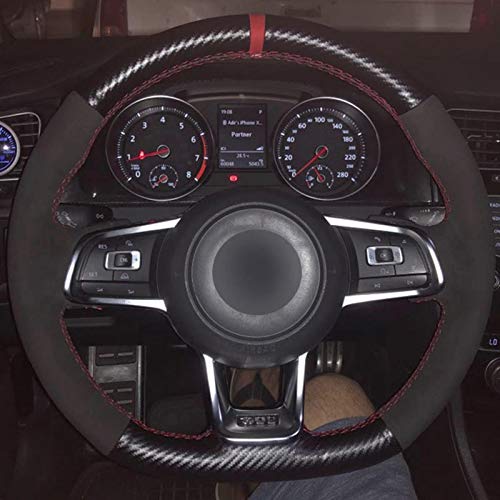 LSDJPO Cubierta del Volante del Coche de Fibra de Carbono Negra Cosida a Mano, para Volkswagen Golf 7 GTI Golf R MK7 VW Polo GTI