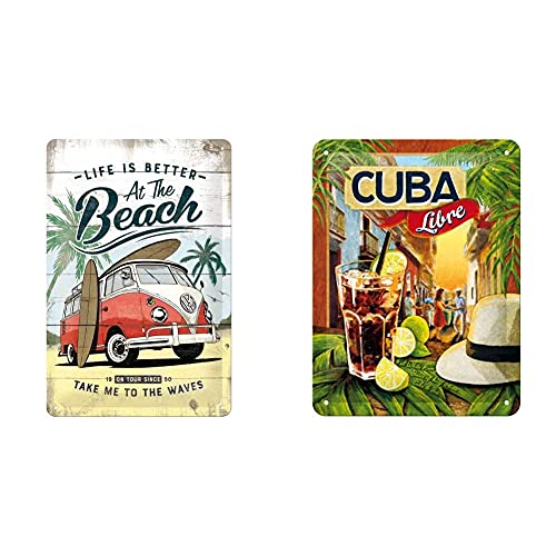 Nostalgic-Art Cartel de Chapa Retro VW – Bulli T1 – Beach + Cartel de Chapa Retro Cuba Libre