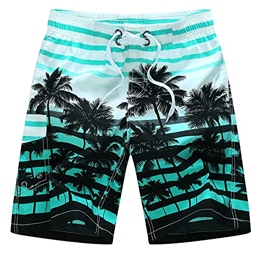 Pantalones Casuales De Playa,Summer Hawaiian Boardshorts Creative Coconut Grove Stripe Print Shorts De Playa Secado Rápido Transpirable con Bolsillos Bañador Informal Aloha Trajes para Vacaciones,