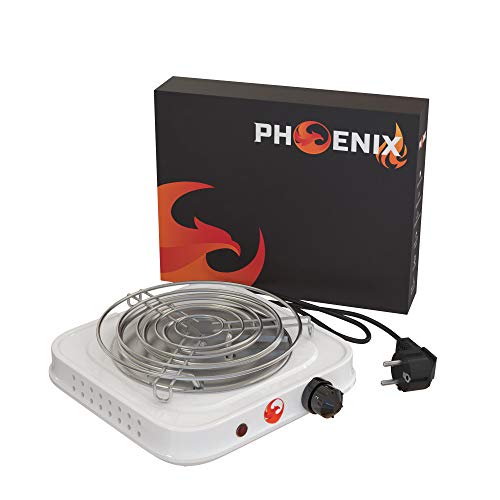 Phoenix - Hornillo Cachimba Electrico Shisha para Carbones Barbacoa - Cocina Electrica Portatil para Camping o Encendedor Carbones Hookah (Blanco)… (Con Rejilla)