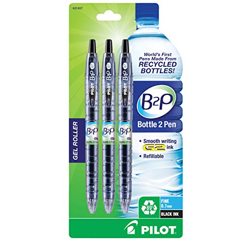 Pilot Bottle-2-Pen (B2P) Bolígrafo retráctil de gel premium hechos de botellas recicladas (3 unidades) punta fina, tinta de gel G2, rellenable, agarre cómodo (31607)