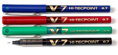 Pilot V7 HI-TECPOINT - Juego de bolígrafos roller (4 unidades: 1 negro, 1 azul, 1 rojo y 1 verde)