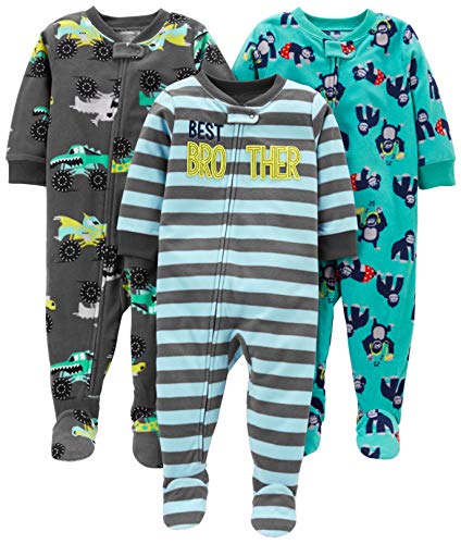 Simple Joys by Carter's 3-Pack Flame Resistant Fleece Footed Pajamas Infant-and-Toddler Sets, Brother/Trucks/Gorillas, 12 Meses,