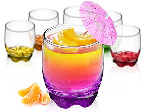Vasos de cristal de 250 ml, juego de 6 unidades, base colorida, vasos de agua, zumo, whisky, vasos pequeños