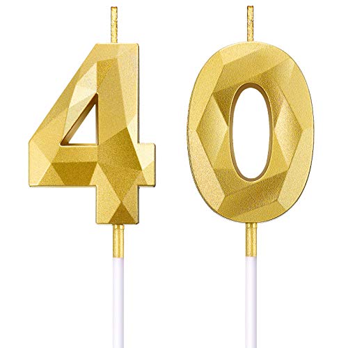 Velas de Número de Cumpleaños 40 Velas de Pastel en Forma de Diamante 3D Topper Decoración de Torta de Número 40 para Celebración Aniversario Bodas Cumpleaños, Oro