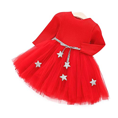 Vestido de tutú de punto con mangas largas para bebés Vestido de tul con mezcla de algodón con cintura de estrellas para niños(90-rojo)