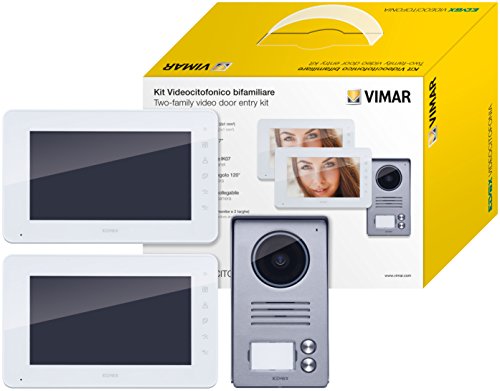 Vimar K40911 Kit videoportero contenido: 2 videoporteros con teclado capacitivo LCD 7 in, placa de entrada audio/vídeo de 2 pulsadores, 2 alimentadores con clavijas intercambiables, bianco/grigio