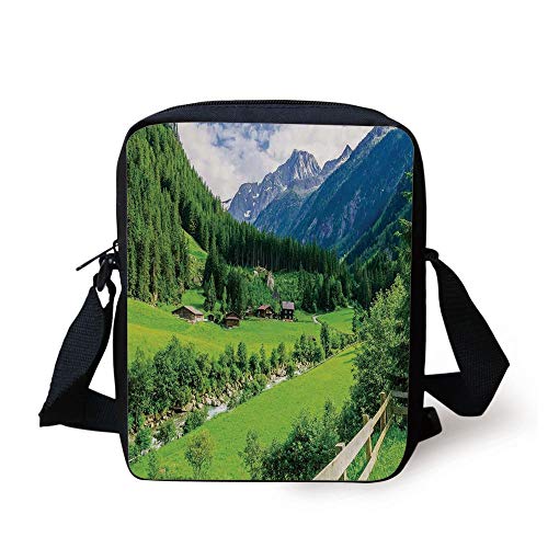 Farmhouse Decor,Alpine Landscape with Meadow Cottages and Pines Stream in Village View,Green White Print Kids Crossbody Messenger Bag Purse